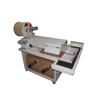 James Burn Wire-O Bind WOB3000S Semi-Automatic Binding Machine in operation, with finished booklets on the output tray.