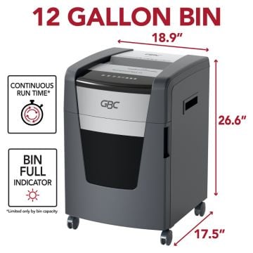 Diagram of the GBC X18-12 Momentum 18-Sheet Level P-4 Micro-Cut Shredder, highlighting its 12-gallon bin, continuous run time, and bin full indicator.