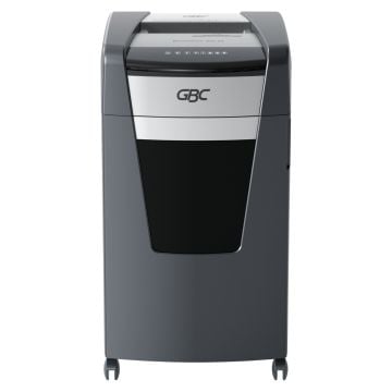Front view of the GBC Stack and Shred 230X AutoFeed Level P-4 Cross-Cut Shredder showcasing its sleek design and automatic shredding functionality.