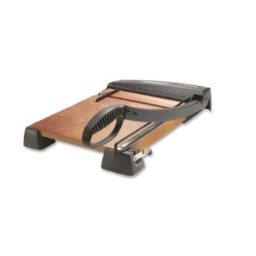 X-Acto 15" Heavy Duty Wood Guillotine Paper Cutter with a sturdy wooden base and a sharp, curved cutting arm for precise paper trimming.