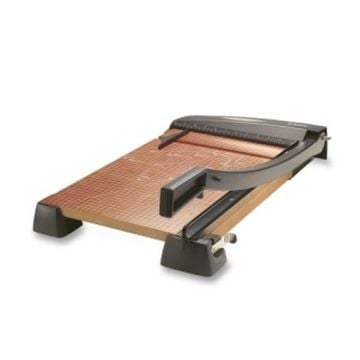 An X-Acto 18" Heavy Duty Wood Guillotine Paper Cutter with a wooden base, metal cutting arm, and grid lines for precise paper cutting.
