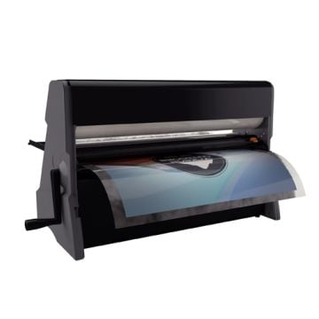 A Xyron 2500 25" Professional Cold Process Laminator in use, showcasing a sheet being laminated.