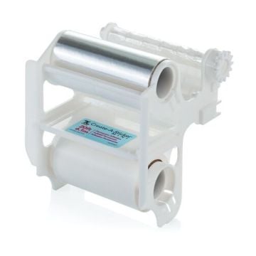 The Xyron Create-A-Sticker 250 Permanent Refill Cartridge, featuring a clear and white plastic housing with adhesive and liner rolls visible.
