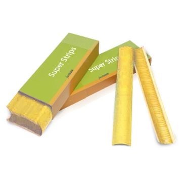 A set of yellow binding strips labeled "Super Strips," displayed with open and closed packages, featuring the text Yellow 11" Medium Powis Parker Fastback Super Strips on a green and orange box.