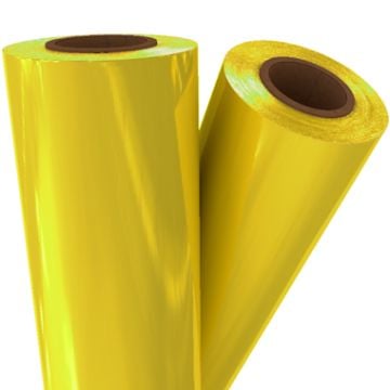 Two rolls of Yellow Pigment Laminating / Toner Fusing Foil with a glossy finish, ideal for enhancing printed materials.