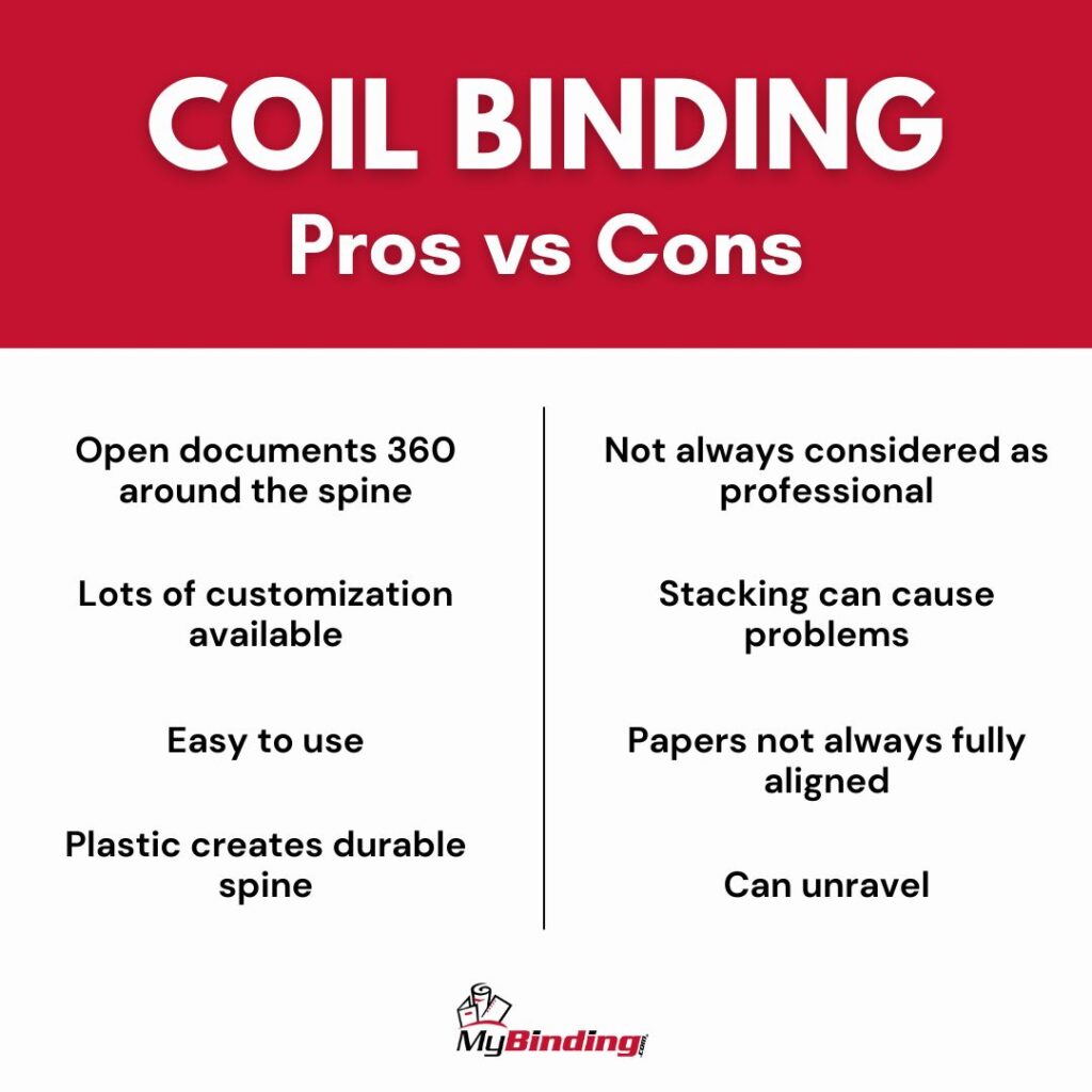 Infograph on the pros vs cons of using coil binding