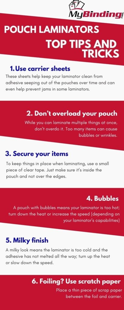Top tips and tricks to using a pouch laminator in a red and white infographic.