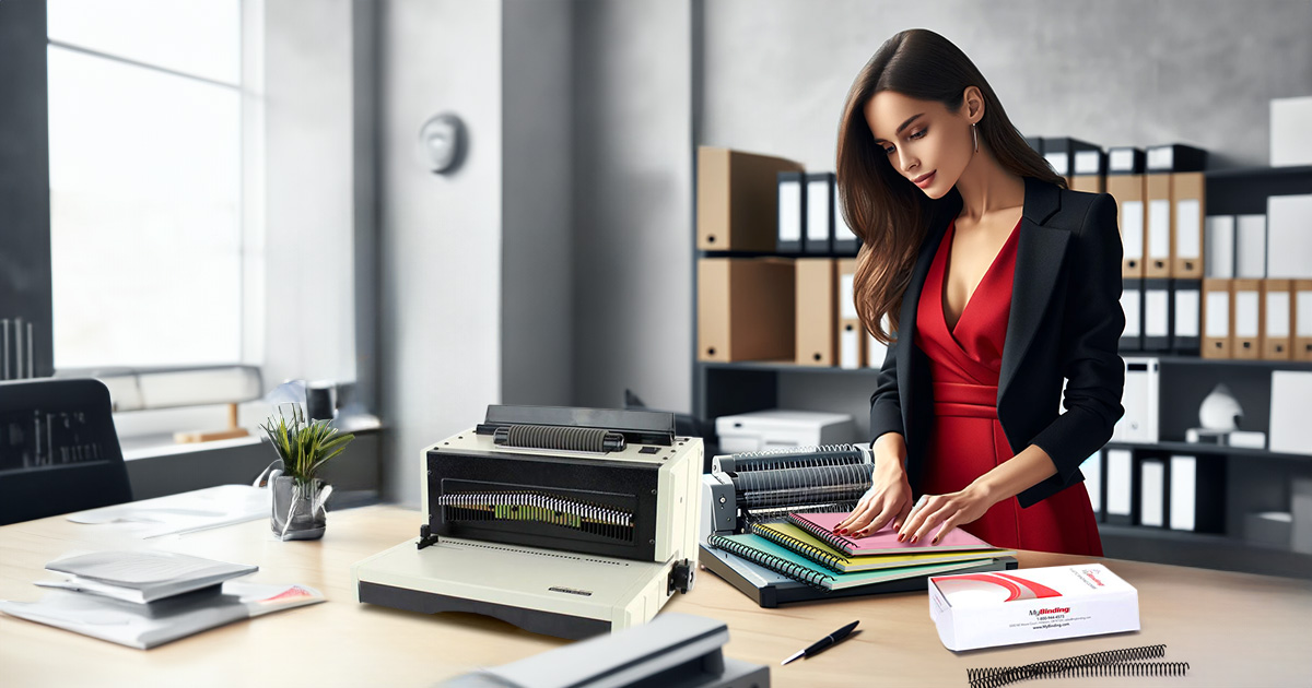 Professional business woman using coil binding machine in an office.