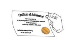 A hand holding a Certificate of Achievement.