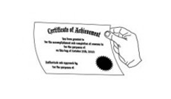 A hand holding a Certificate of Achievement, which is partially visible in the image.