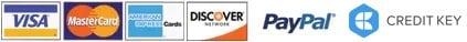 Payment options including Visa, MasterCard, American Express, Discover, PayPal, and Credit Key