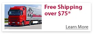Red delivery truck with 'MyBinding' logo promoting Free Shipping Over $75.
