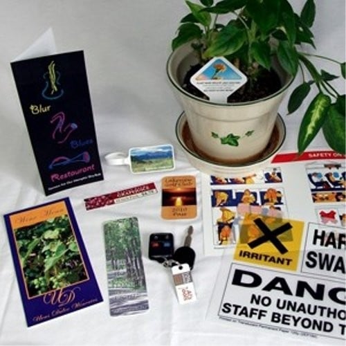 Examples of waterproof paper next to an office plant at MyBinding