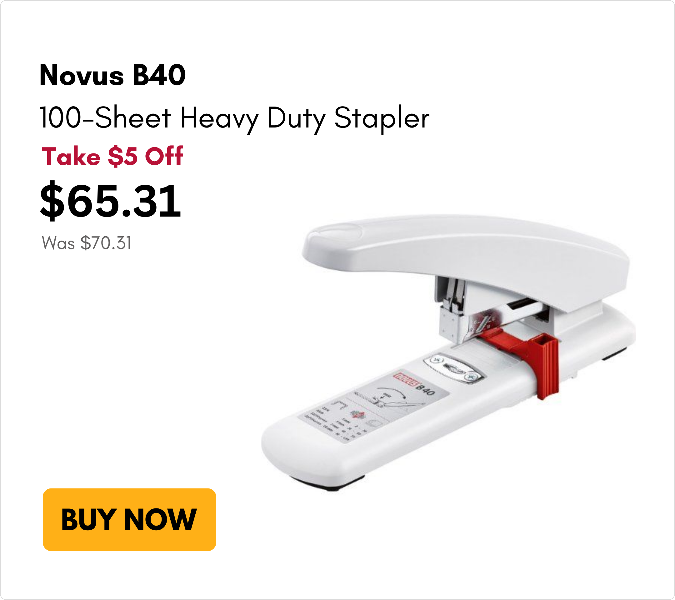 Novus B40 100-Sheet Heavy Duty Stapler on Sale for $5 off on MyBinding.com