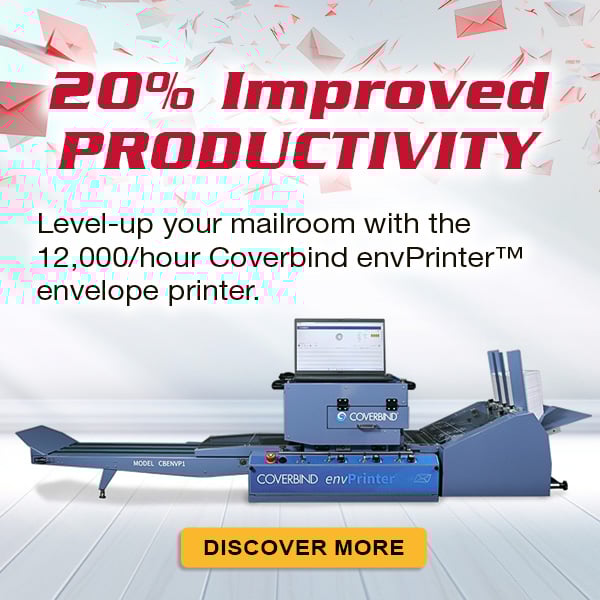 Showing a banner with caption '20 Percent Improved Productivity' with an image of envPrinter on a clean room with envelopes flying off comming from envPrinter.