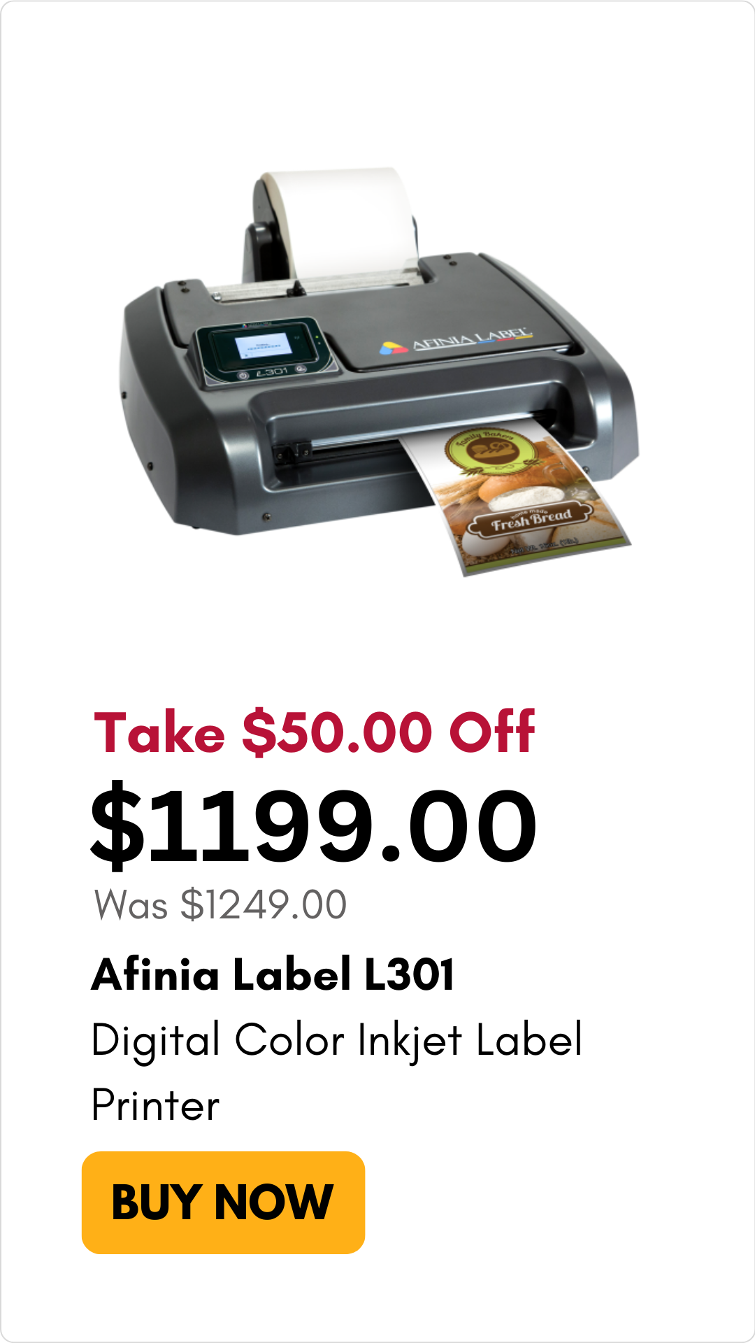 Afinia Label L301 Digital Color Inkjet Label Printer on sale for $50 off