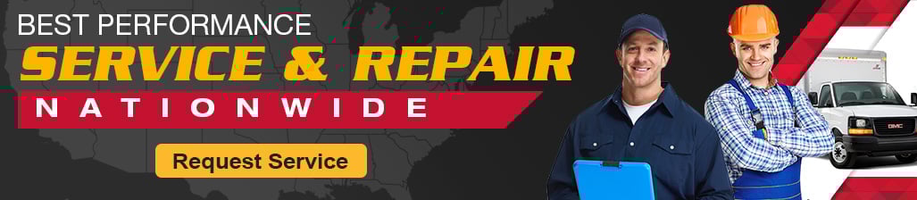 Service and repair banner with two technicians with service truck at the back and USA map in the background showcasing nationwide best performance service and repair