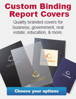 Custom covers banner showing custom printed report covers highlighting the company brand