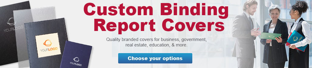 Custom covers banner showing custom printed report covers highlighting the company brand